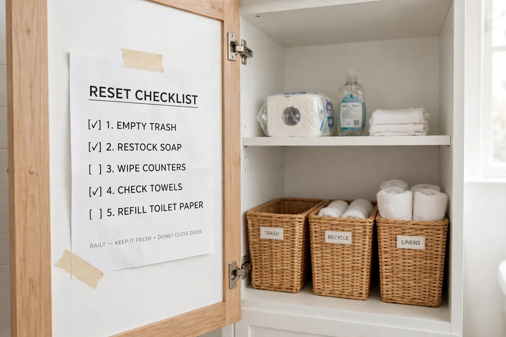 Short reset checklist fixed on the inside of a bathroom cabinet door.