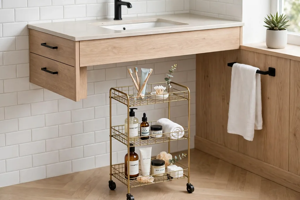 Slim rolling cart parked under a floating bathroom vanity holding toiletries.