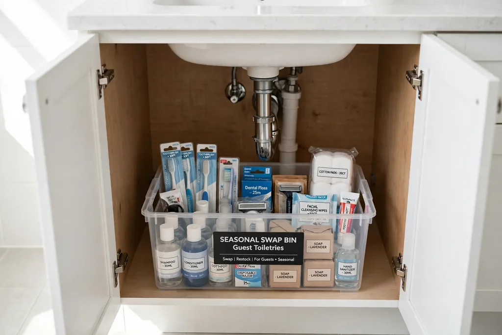 Seasonal swap bin under a bathroom sink holding guest toiletries.