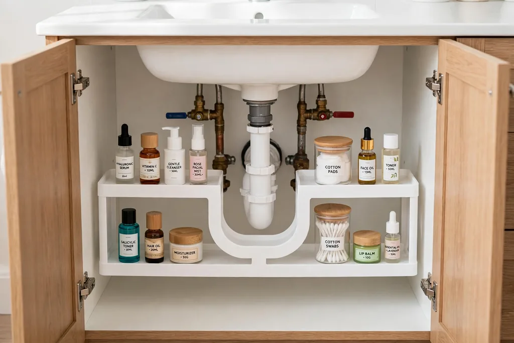 U-shaped shelf riser around bathroom sink pipes holding small bottles.