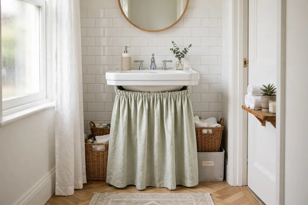 Fabric sink skirt around a pedestal sink hiding storage bins behind it.