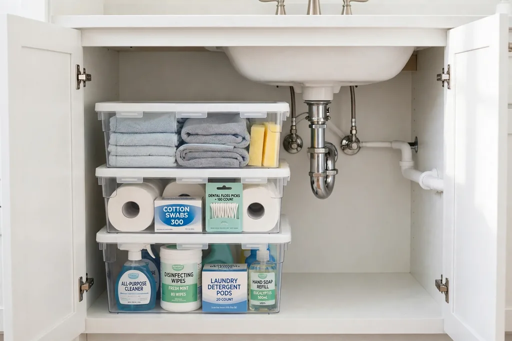 Stackable lidded bins under a bathroom sink holding supplies.