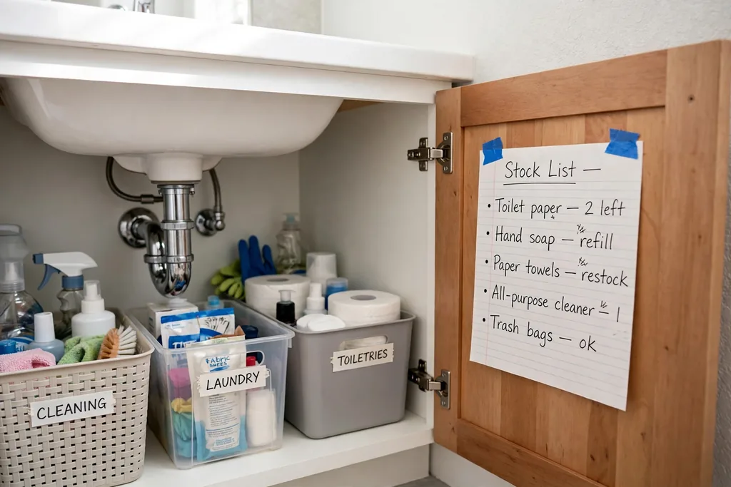Short stock list on a bathroom cabinet door beside organized bins.