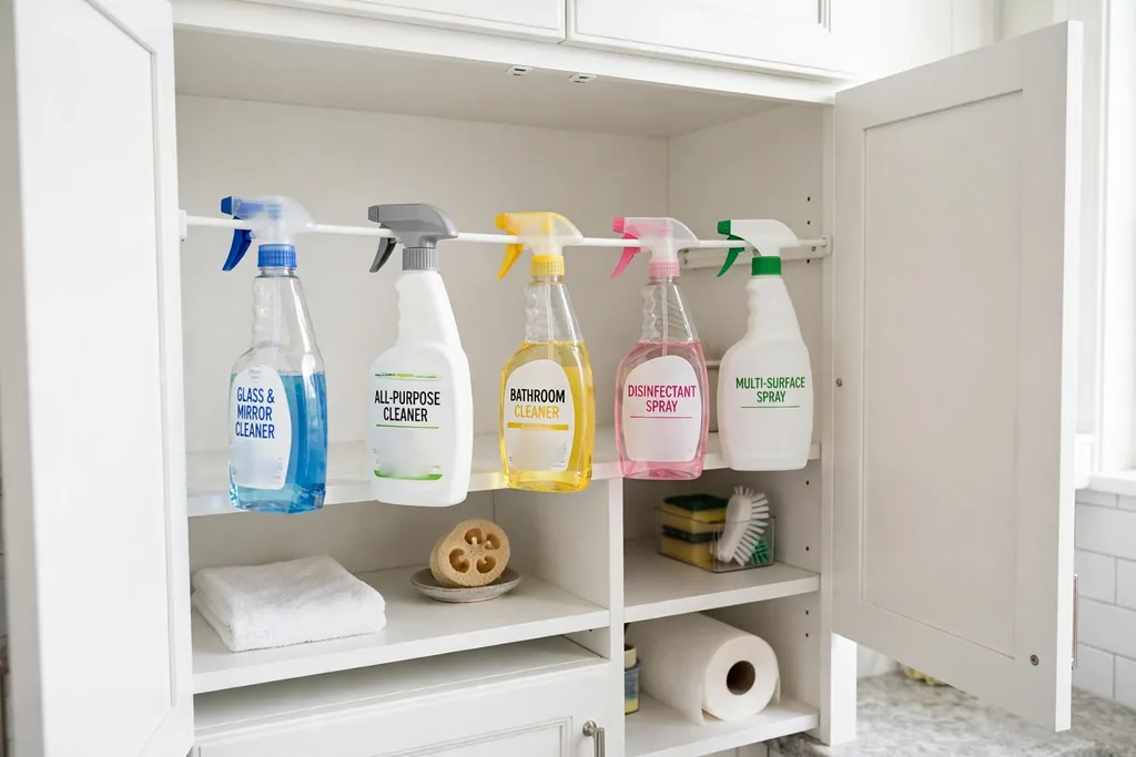 Tension rod across a bathroom cabinet holding hanging spray bottles.