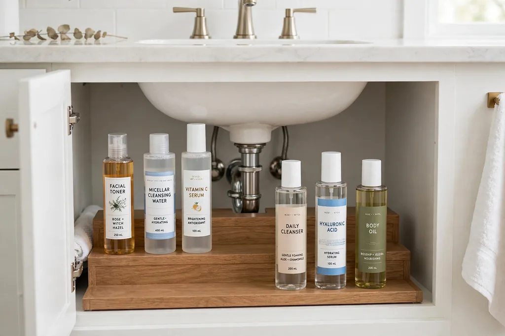 Narrow tiered shelf under a bathroom sink holding tall bottles in steps.