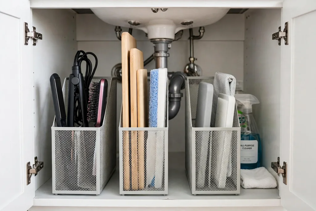 Vertical file holders under a bathroom sink holding flat tools upright.