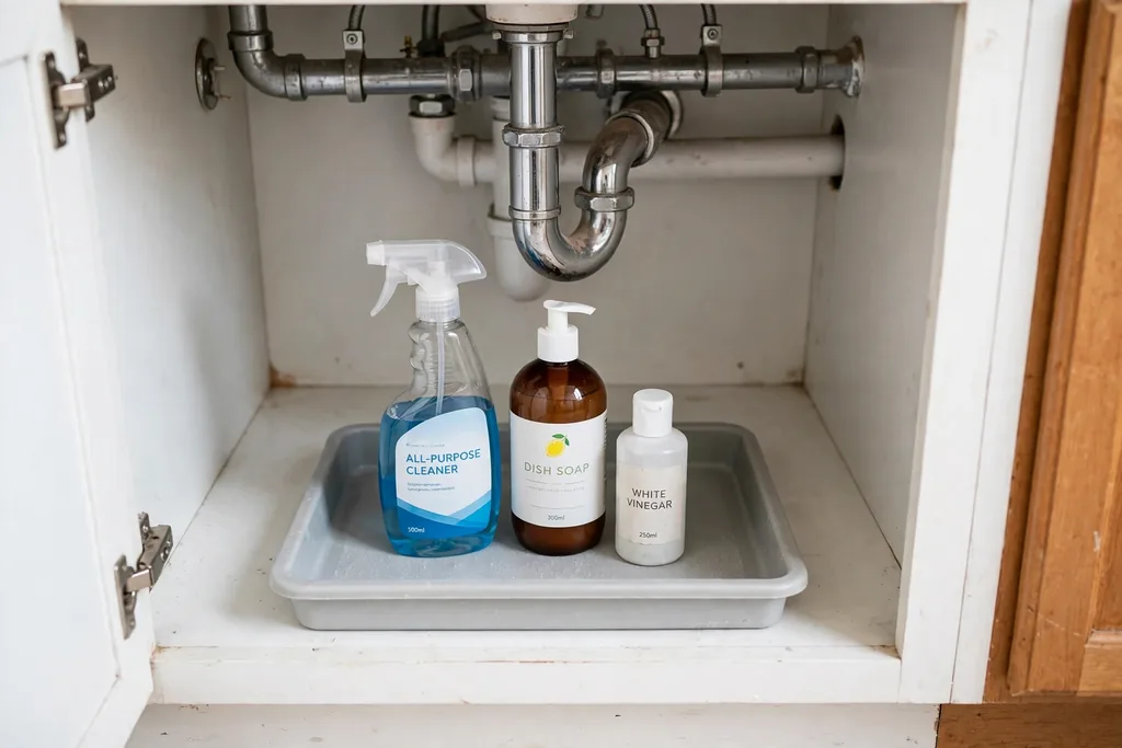 Waterproof tray on a bathroom cabinet floor under sink pipes.