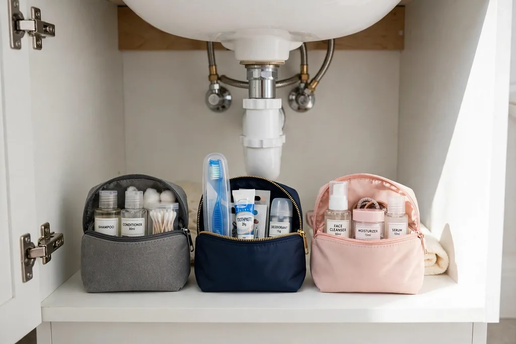 Zipper pouches under a bathroom sink holding travel toiletries.