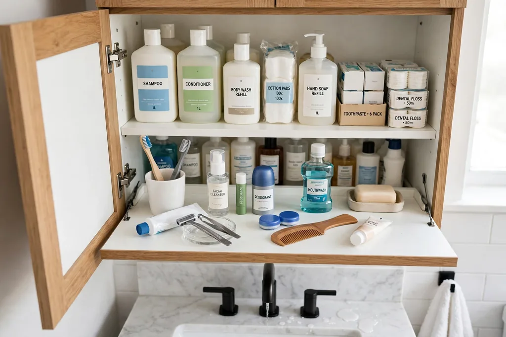 Bathroom cabinet divided into daily front zone and spare stock back zone.