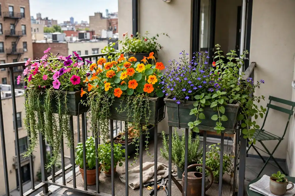 Balcony railing planters with colorful flowers and trailing herbs on a small city apartment balcony.