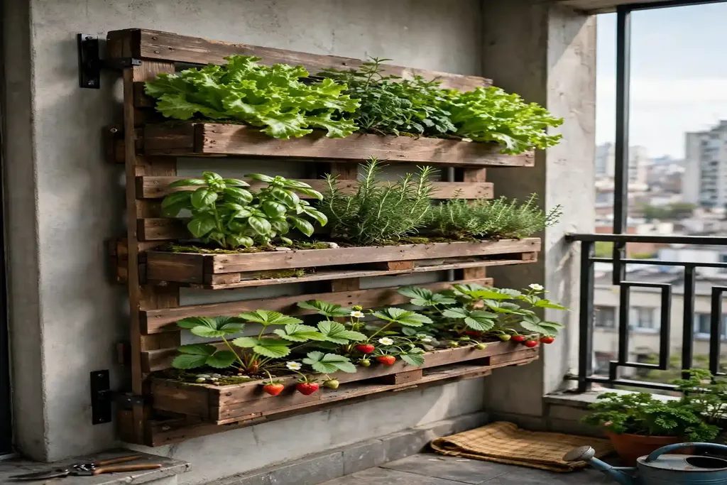 Vertical pallet wall garden mounted on a city balcony wall
