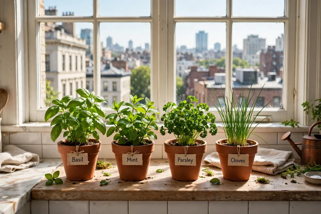 Sunny kitchen windowsill herb garden with small pots of basil