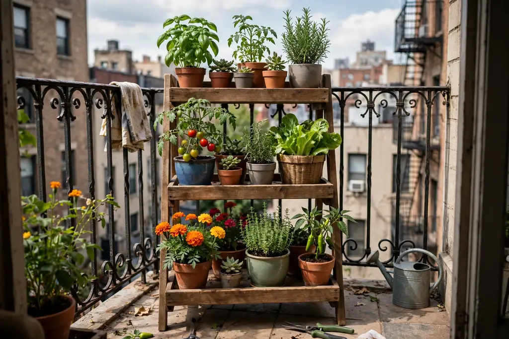 Tiered plant stand with stacked pots of vegetables