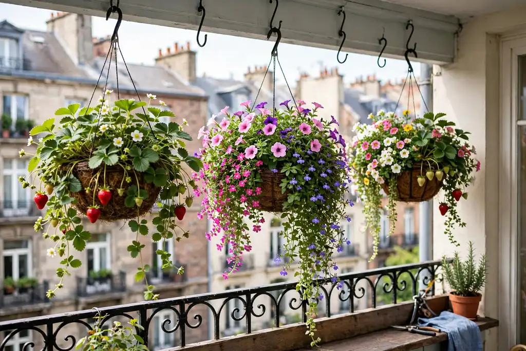 Hanging baskets with trailing flowers and strawberries suspended above a small city balcony.