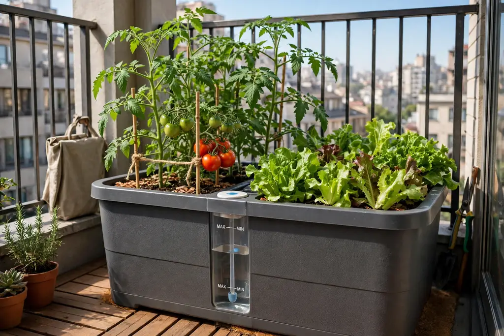 Self watering container garden with a water reservoir tub planted with tomatoes and salad leaves on a city balcony.