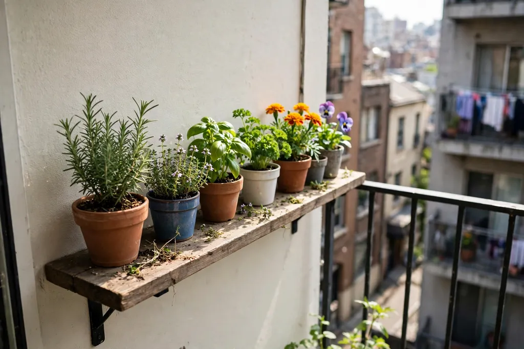 Narrow wooden shelf ledge along a balcony wall holding small pots of herbs and flowers.