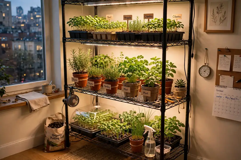 Indoor grow light shelf garden in a city apartment