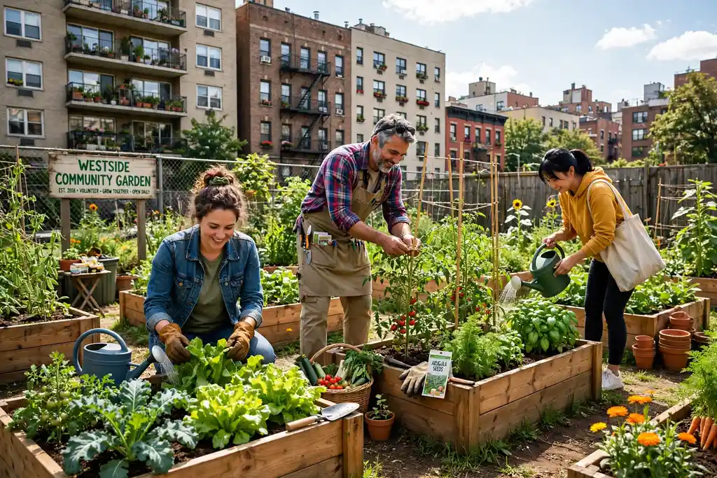 Community garden plot in a city with neat raised beds and gardeners tending vegetables