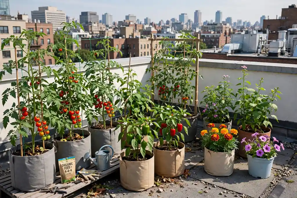 Rooftop container garden with lightweight pots of tomatoes