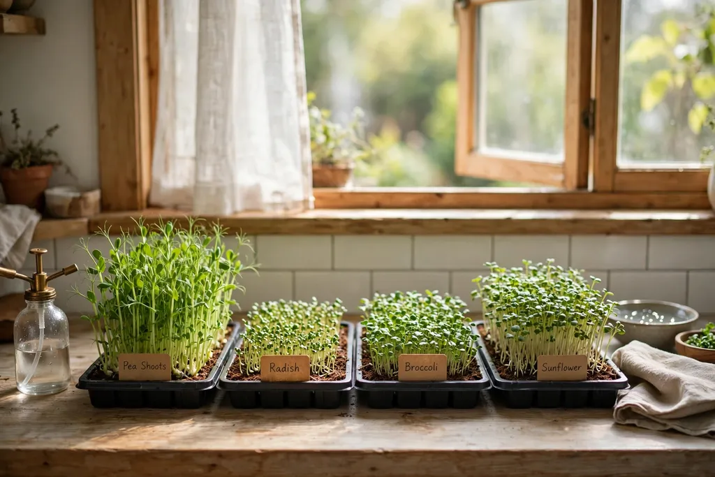 Indoor microgreen trays on a kitchen counter near a window