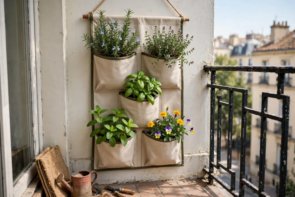 Fabric pocket planter wall hanging on a small balcony