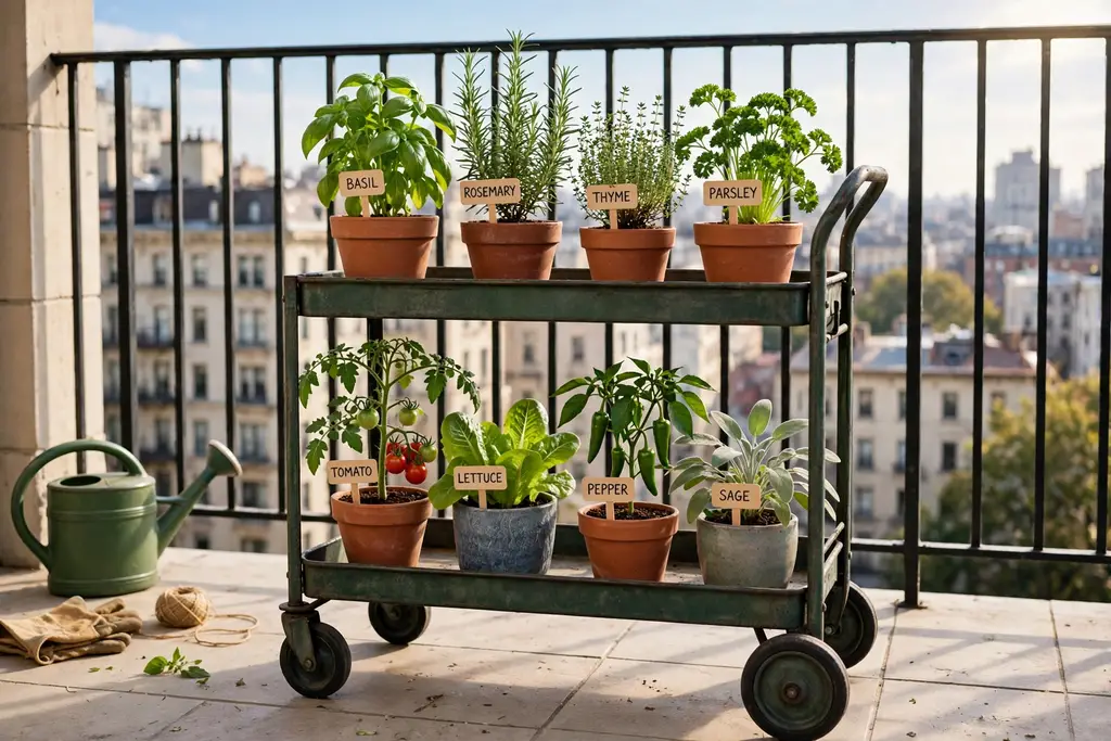 Rolling planter cart with wheels holding pots of herbs and vegetables on a sunny city balcony.
