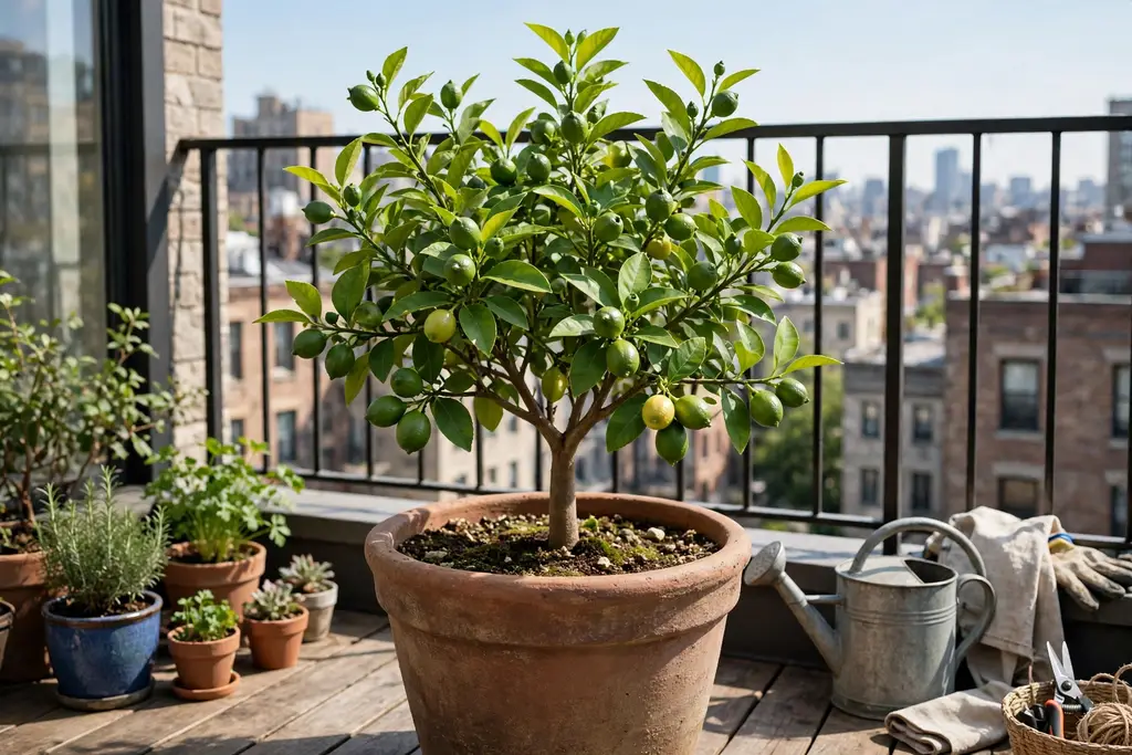Dwarf fruit tree in a large pot on a city balcony with small lemons growing.