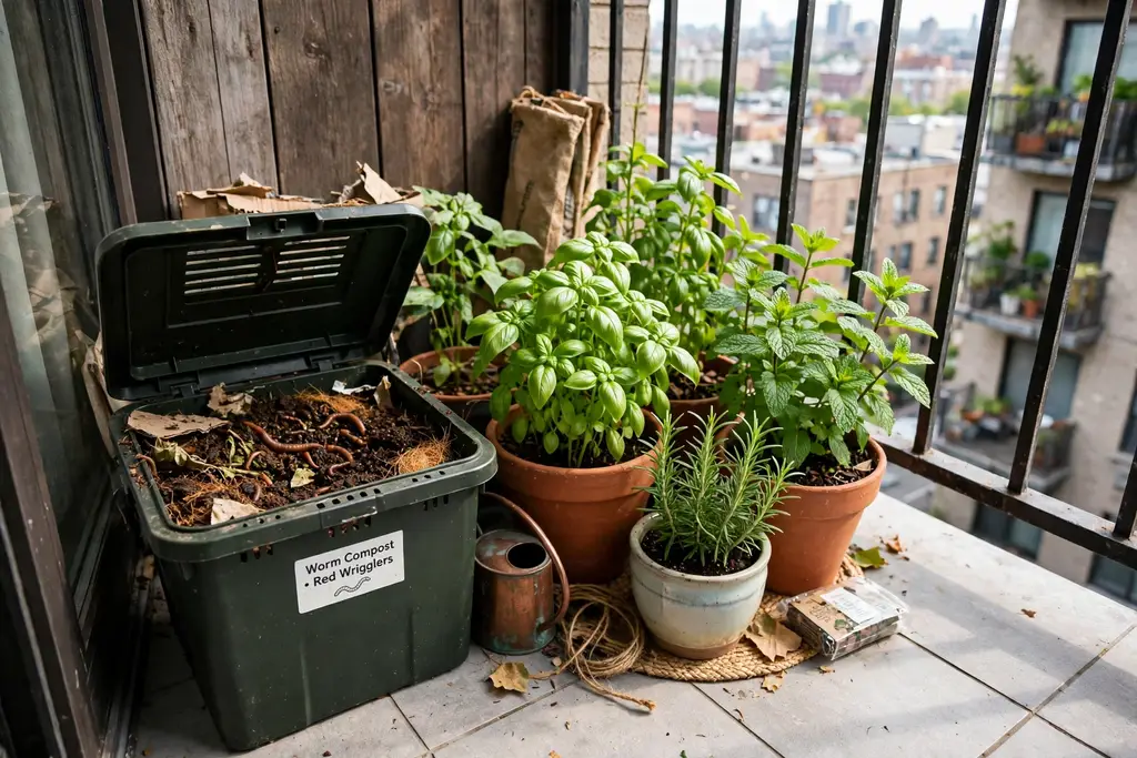 Small balcony worm compost bin beside pots of healthy green plants on a city balcony.