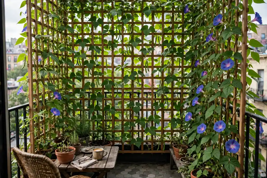 Trellis screen with climbing beans and morning glory flowers giving privacy on a small city balcony.