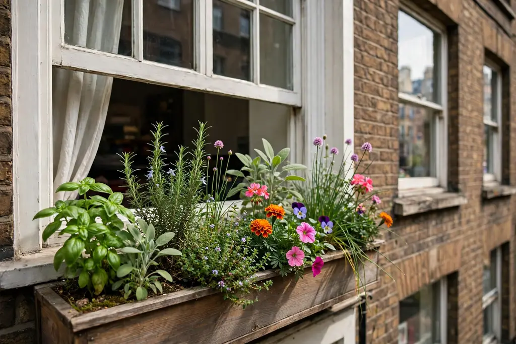 Window box outside a city apartment window planted with herbs and colorful flowers.