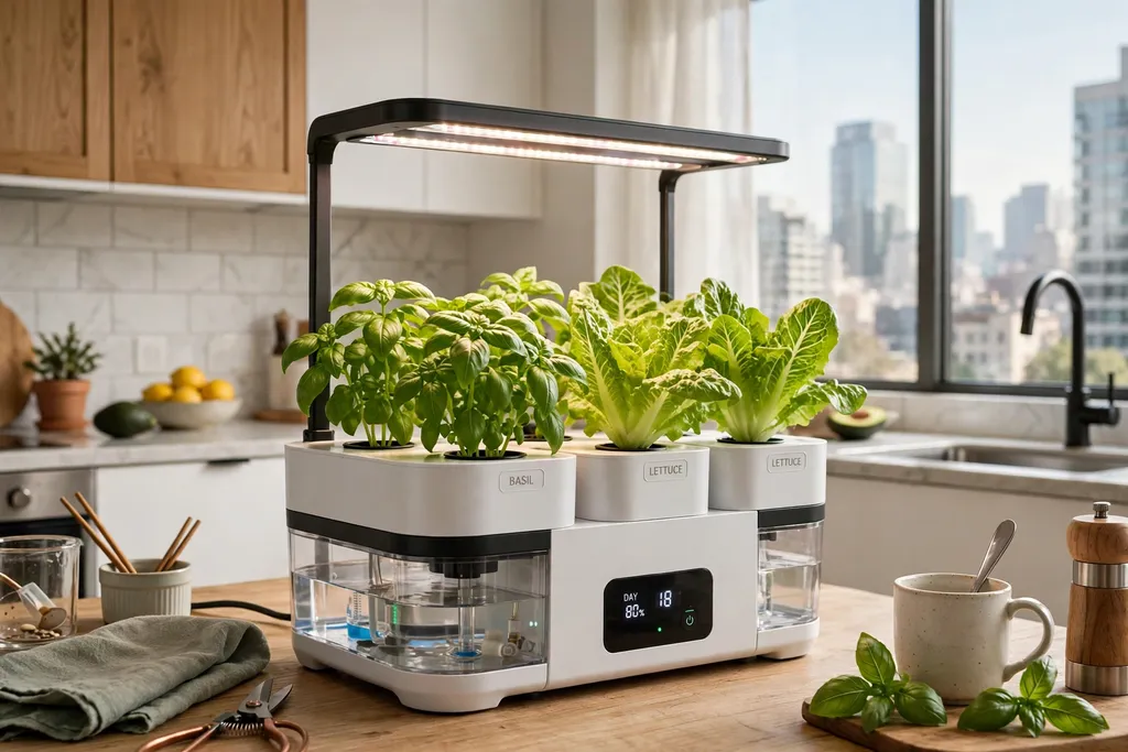 Small countertop hydroponic garden unit growing lettuce and basil in a bright city apartment kitchen.