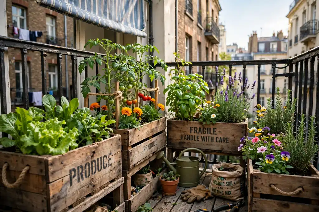Repurposed wooden crates turned into planters with vegetables and flowers on a small city balcony.