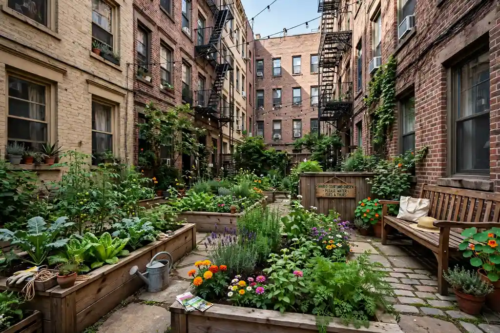 Shared courtyard raised bed garden between city apartment buildings with vegetables
