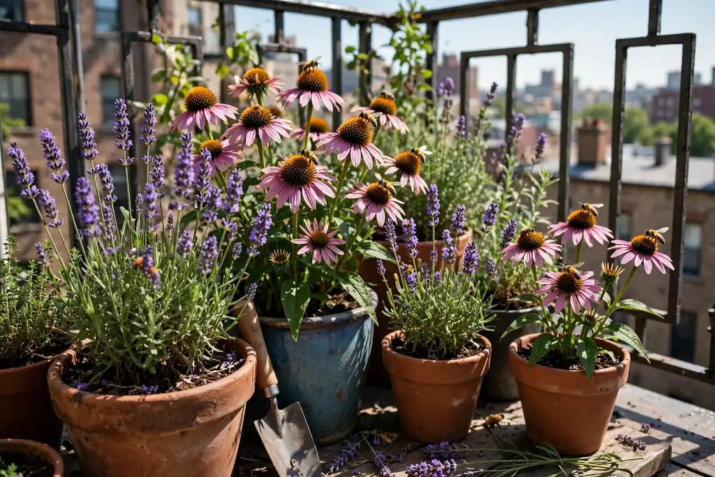 Cluster of pots with pollinator flowers