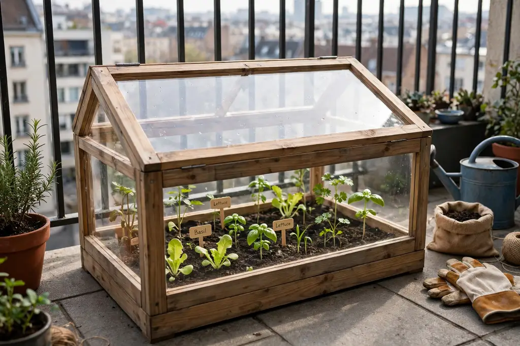 Small cold frame mini greenhouse with a clear lid protecting young plants on a city balcony.