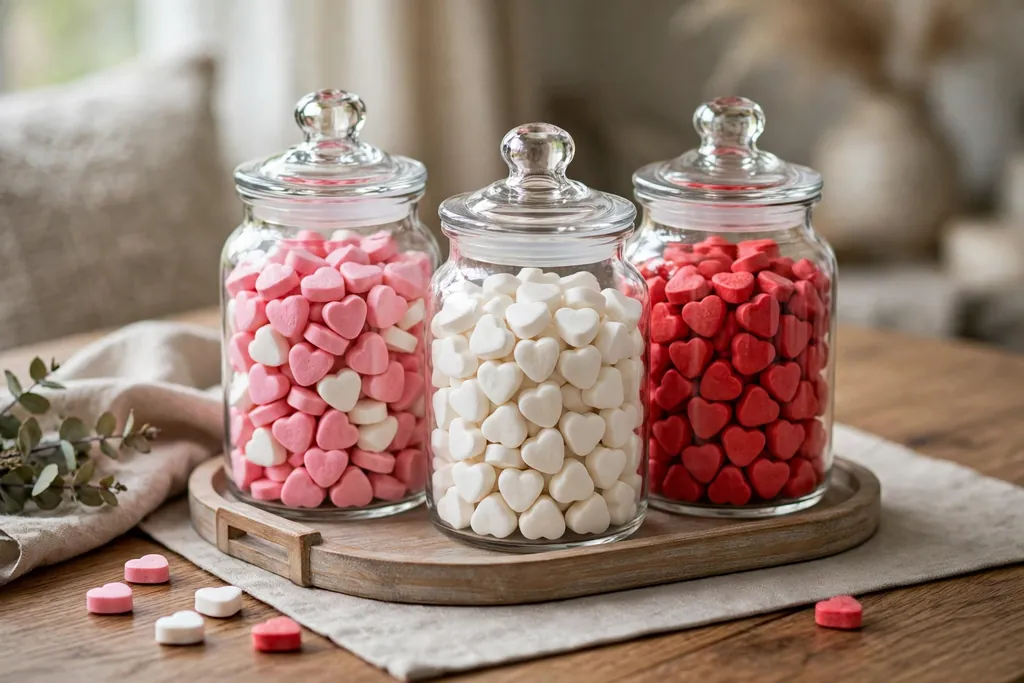 Clear glass jars filled with pink, white, and red conversation heart candies on a small tray.