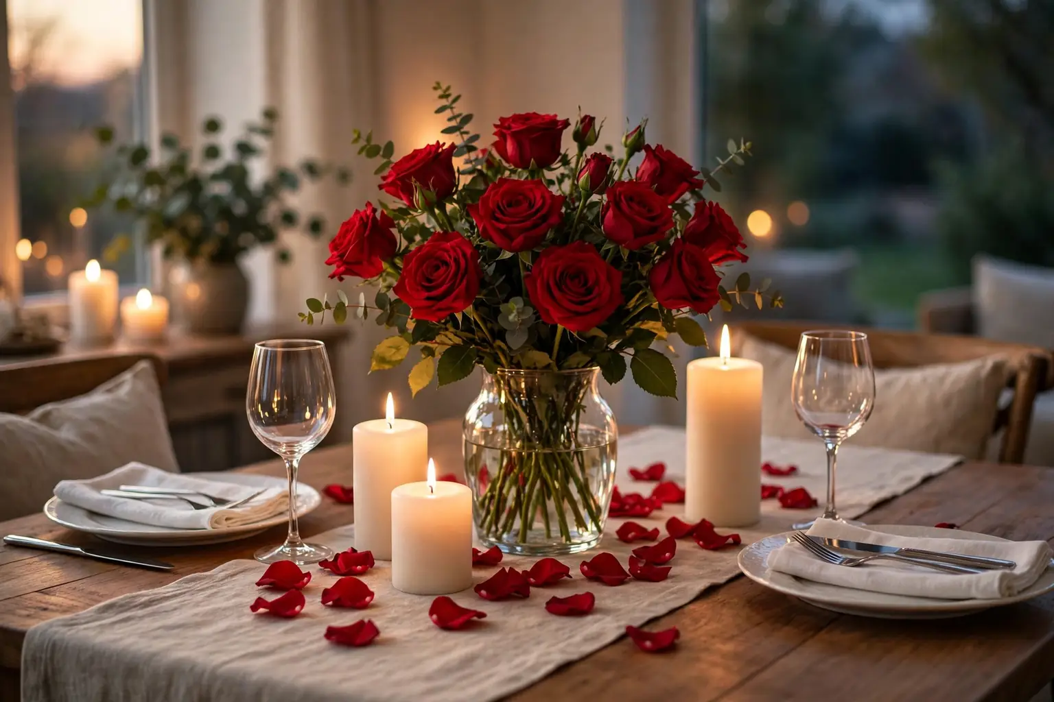 Wide Valentine dining table with a red rose bouquet, pillar candles, rose petals, and place settings in warm evening light.