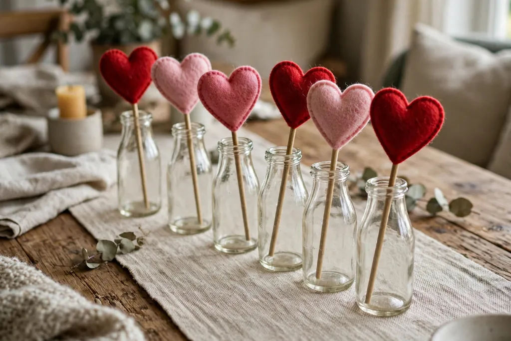 Felt heart stems standing in small vintage style milk bottles down the center of a table.