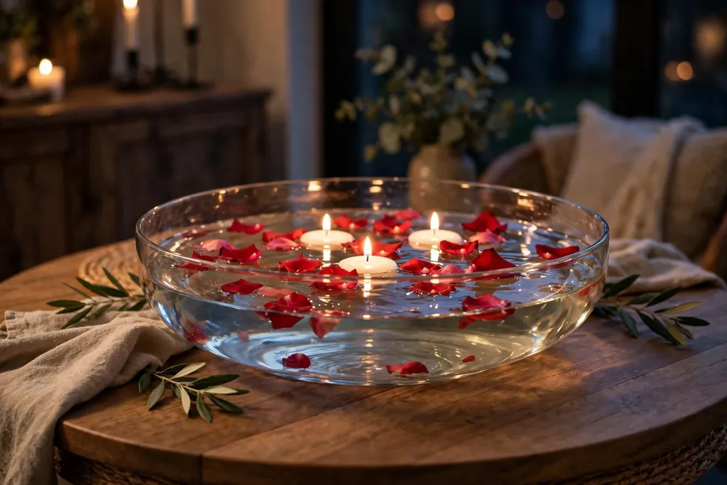 Wide glass bowl of water with floating candles and rose petals on a round dining table.