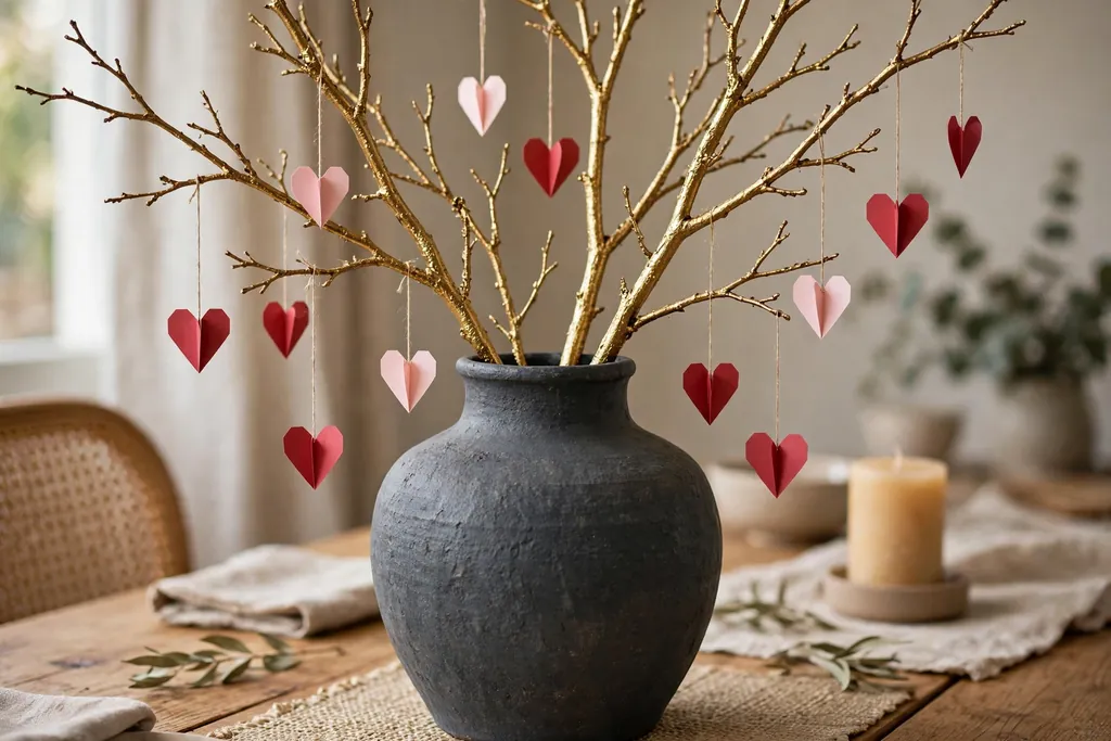 Gold painted branches in a heavy vase with small paper hearts hanging from thread on a dining table.