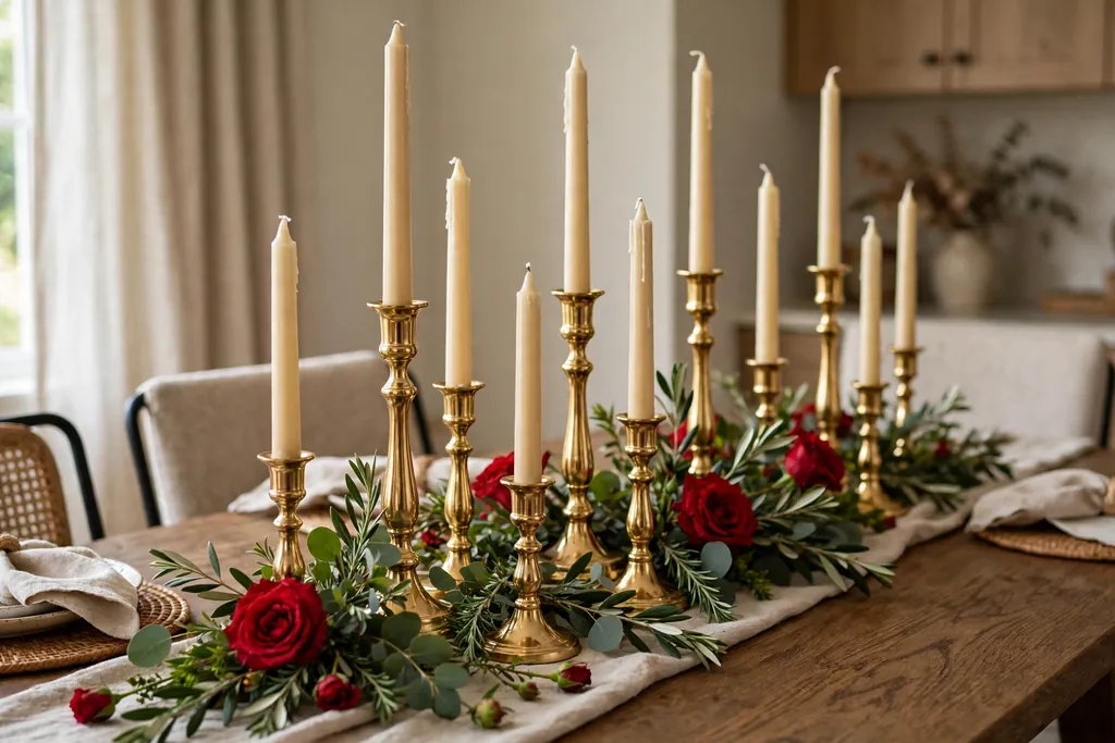 Gold candlesticks with taper candles, red roses, and greenery down the center of a dining table.