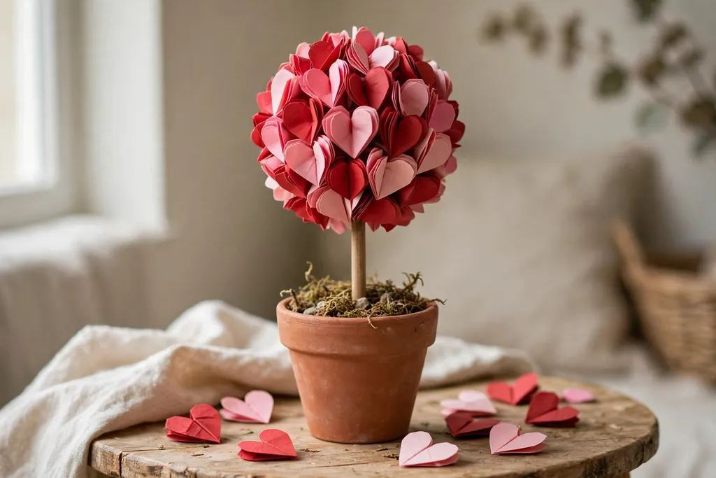 Paper heart topiary ball on a dowel standing in a clay pot on a small table.