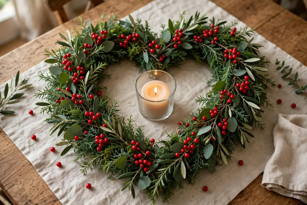 Heart-shaped wreath laid flat on a table with a pillar candle in a glass holder in its center.