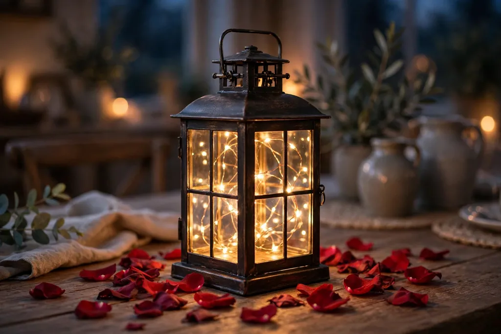 Lantern with battery fairy lights inside and scattered rose petals around its base on a table.