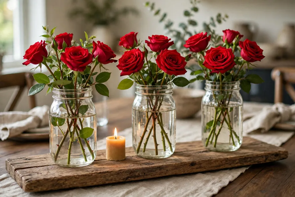 Mason jars with rose stems set on a long wood board down the center of a dining table.