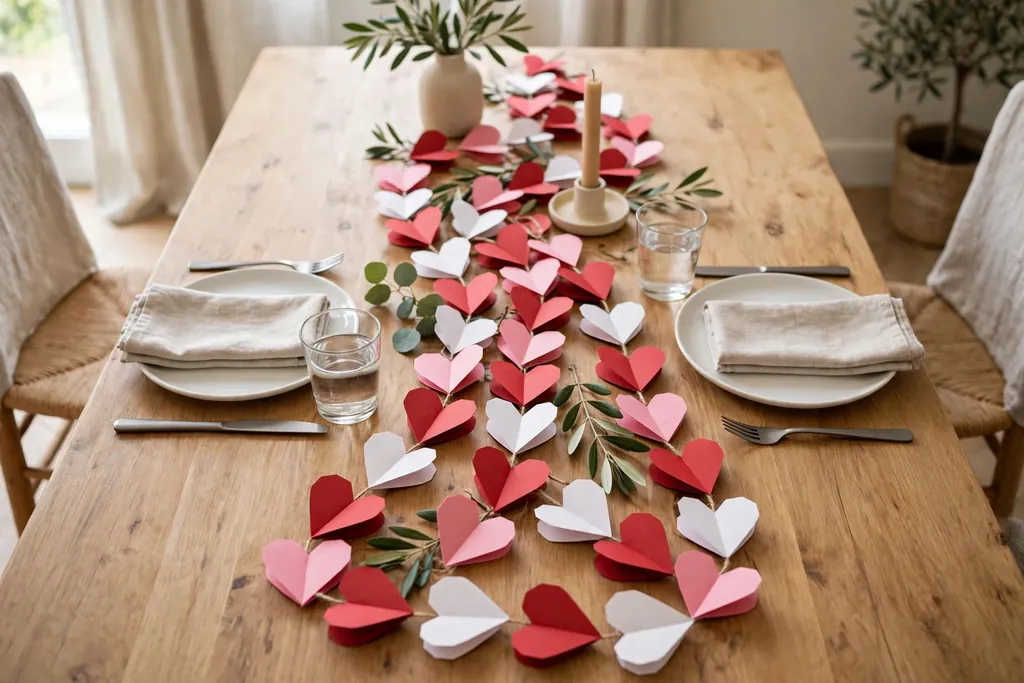 Paper heart garland strands in red, pink, and white laid down the center of a dining table.