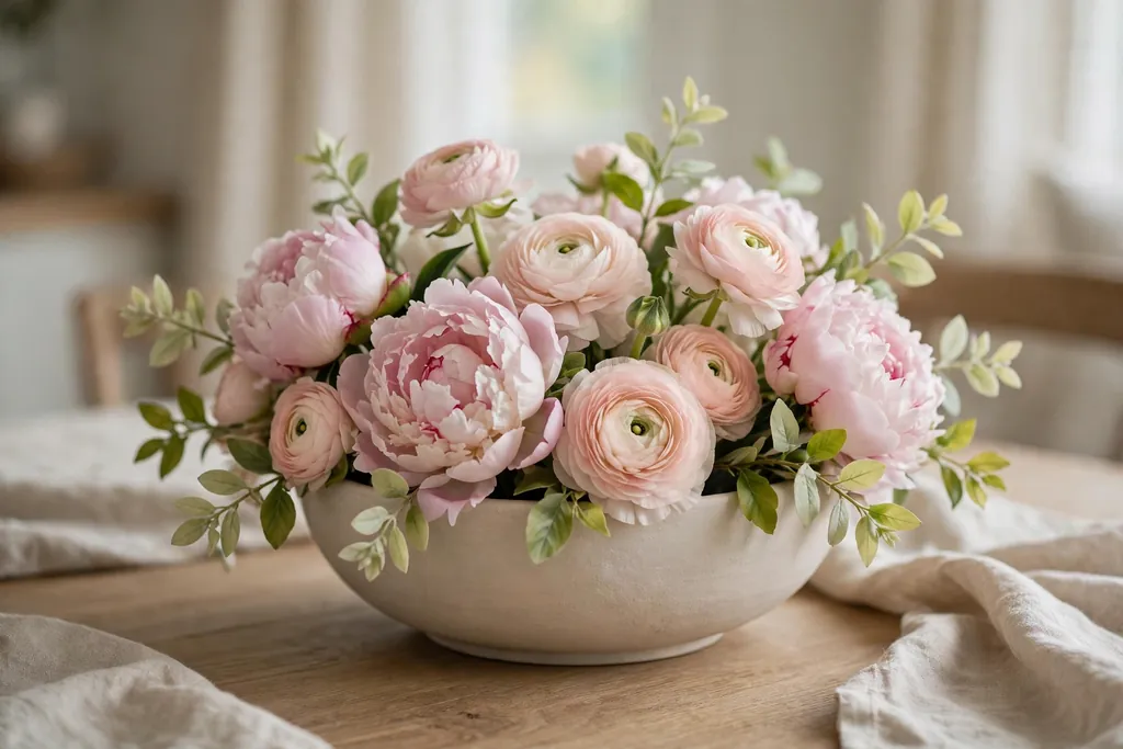Low ceramic bowl of blush peonies and ranunculus with pale green leaves on a dining table.