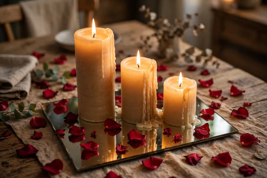 Pillar candles of different heights on a mirrored tray with scattered rose petals on a dining table.