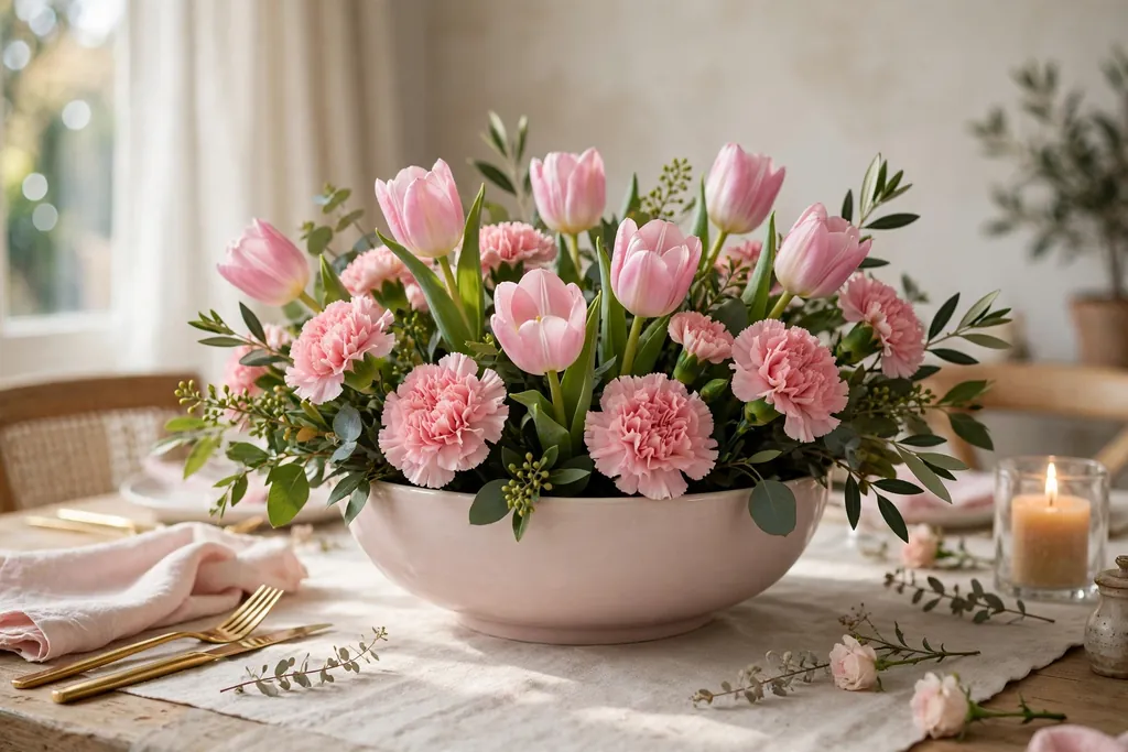 Low bowl of pink tulips and carnations with green leaves on a Valentine dining table.