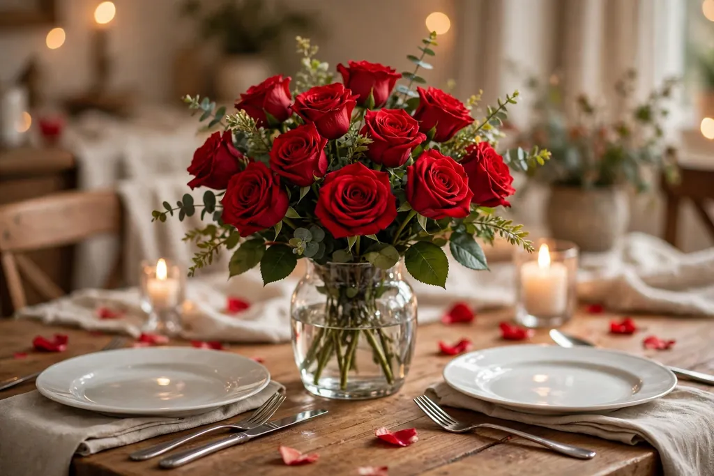 Red rose bouquet in a clear glass vase in the center of a Valentine dining table.